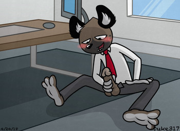 3_toes 4_fingers anthro balls barefoot biped blush bottomwear brown_balls brown_body brown_fur clothing countershade_feet countershading desk electronics feet fingers fur furniture genitals hindpaw humanoid_genitalia humanoid_penis male masturbation monitor necktie office on_ground open_mouth pants paws penile penile_masturbation penis penis_poking_out penis_through_fly shirt solo table toes topwear window duke317 aggretsuko sanrio haida_(aggretsuko) hyena mammal spotted_hyena compression_artifacts hi_res
