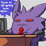 ambiguous_gender chair computer desk electronics furniture humor necktie office office_chair orange_eyes purple_body simple_background solo table text aintsmart nintendo pokemon generation_1_pokemon gengar pokemon_(species) 1:1 2012 digital_media_(artwork) english_text