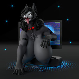 anthro areola arm_tattoo big_breasts black_background black_hair black_nails black_sclera bone breasts chest_tuft collar colored_nails female front_view fur grey_areola grey_body grey_fur grey_nipples hair huge_breasts long_hair long_nails nails nipples nude shoulder_tattoo simple_background skull skull_head solo tattoo through_screen tongue tongue_out tuft white_eyes general_buta scp_foundation scp-1471-a canid canid_demon demon malo mammal skull_dog skulldog_(species) 1:1 3d_(artwork) digital_media_(artwork)