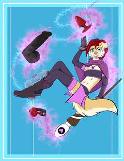 anthro ball_gag buttplug clothed clothing dildo female fertility_witch front_view fully_clothed gag magic plug_(sex_toy) sex_toy solo novalynxa mariah canid canine mammal hi_res