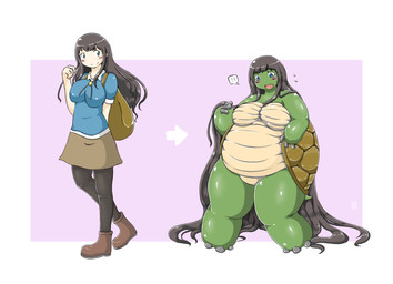 before_and_after black_hair bottomwear breasts clothing contextual_arrow directional_arrow female footwear hair interrobang long_hair looking_down open_mouth overweight overweight_female polygonal_speech_bubble sequential_arrow shell shoes simple_background skirt smile solo speech_bubble surprised transformation weight_gain wide_arrow izumi_(artist) human mammal reptile scalie turtle 2014 hi_res