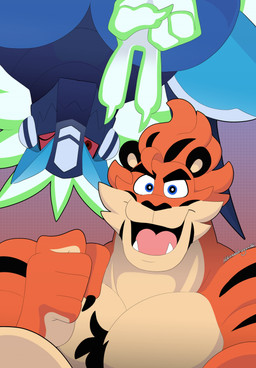 5_fingers black_body black_fur black_hair black_stripes blue_eyes chest_tuft claws cybernetics duo fangs finger_claws fingers fist fur gesture green_claws hair hand_gesture looking_at_viewer machine metallic_body nude open_mouth orange_body orange_fur orange_hair pupils red_eyes red_sclera selfie sharp_teeth smile striped_body striped_fur stripes tan_body tan_fur tan_inner_ear teeth tuft upside_down v_sign white_claws white_pupils hikazedragon capcom mega_man_(series) mega_man_star_force kaiser_(starforcekaiser) omega-xis alien cyborg em_being felid mammal pantherine tiger hi_res