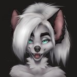 anthro black_body black_fur blue_eyes fangs female fur hair multicolored_body multicolored_fur open_mouth open_smile smile solo teeth tongue two_tone_body two_tone_fur white_body white_fur white_hair tashalisets tasha_lisets canid canine fox mammal 1:1 bust_portrait hi_res icon portrait