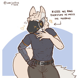 anthro blush clothed clothed_anthro clothed_male clothing collared_shirt cybernetic_arm cybernetic_limb cybernetics digit_ring fully_clothed fully_clothed_anthro fully_clothed_male hand_on_hip heart_symbol husband jewelry machine male married ring shirt simple_background solo standing text topwear wedding_ring warjenkins thao_(warjenkins) animal_humanoid humanoid protogen 2026 english_text hi_res