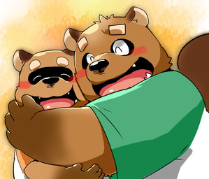 anthro blush brown_body brown_fur clothing duo eyes_closed fur hug male shirt slightly_chubby topwear 12beat13 canid canine mammal raccoon_dog tanuki 2015