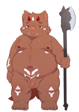 anthro axe balls belly flaccid genitals horn male melee_weapon navel nipples overweight penis solo weapon young young_anthro st_storynode mammal suid suine sus_(pig) wild_boar 2022