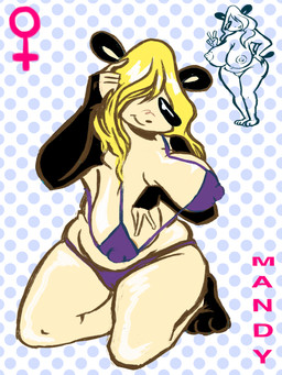 anthro areola areola_slip belly big_breasts bikini blonde_hair breasts clothed clothing curvy_figure female genitals gesture hair hand_gesture hand_on_hip holding_breast kneeling playing_with_hair skimpy slightly_chubby slightly_chubby_anthro slightly_chubby_female solo swimwear thick_thighs two-piece_swimsuit v_sign voluptuous vulva biobreak mandy_panda_(biobreak) bear giant_panda mammal 3:4 hi_res