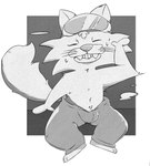 anthro bodily_fluids bulge clothing coveralls eyes_closed eyewear goggles male musk musk_clouds simple_background sitting solo sweat tail undressing whiskers thael nintendo warioware spitz_(warioware) domestic_cat felid feline felis mammal hi_res monochrome