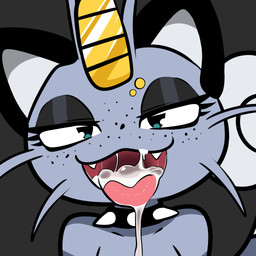 black_eyeshadow bodily_fluids collar cum cum_in_mouth cum_inside eyebrow_piercing eyelashes eyeshadow facial_piercing female feral freckled_face freckles fur genital_fluids grey_body grey_fur looking_at_viewer makeup open_mouth piercing simple_background smile solo spiked_collar spikes tail teal_eyes teeth tongue tongue_out yttriumi2f nintendo pokemon alolan_form alolan_meowth generation_7_pokemon mammal pokemon_(species) regional_form_(pokemon) absurd_res digital_media_(artwork) hi_res