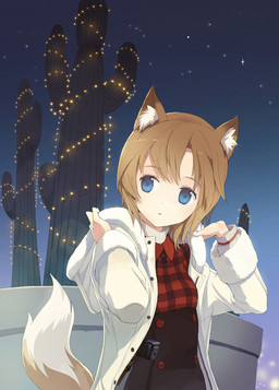 blue_eyes bottomwear brown_bottomwear brown_clothing brown_hair cactus christmas_decorations christmas_lights clothed clothing detailed_background dipstick_tail female fully_clothed fur_trim_(clothing) gingham gun hair hood inner_ear_fluff jacket markings night outside plaid plant ranged_weapon red_clothing red_topwear short_hair sky solo star starry_sky string_lights tail tail_markings topwear tuft weapon white_outerwear tiv animal_humanoid canid canid_humanoid canine canine_humanoid fox fox_humanoid humanoid mammal mammal_humanoid half-length_portrait portrait