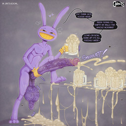 anthro balls big_balls big_penis bodily_fluids body_hair cum cum_in_a_cup cum_in_container dialogue genital_fluids genitals hairy_balls huge_balls huge_penis hyper hyper_balls hyper_genitalia hyper_penis looking_at_viewer male masturbation nude penis pubes saggy_balls scrotum_flap smegma solo speech_bubble stray_pubes talking_to_viewer text vein veiny_penis capy_b glitch_productions the_amazing_digital_circus jax_(tadc) 1:1 english_text hi_res