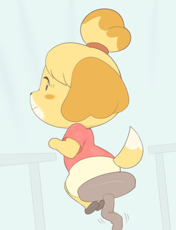 anthro bent_legs blush bottomwear butt chibi clothed clothing female footwear frown fur furniture hair looking_back rear_view shirt shocked shoes sitting sitting_on_stool skirt solo stool table topwear yellow_body yellow_fur inkune animal_crossing nintendo isabelle_(animal_crossing) canid canine canis domestic_dog mammal shih_tzu toy_dog absurd_res digital_media_(artwork) hi_res