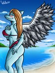 5_fingers anthro arm_feathers beach big_breasts bikini blonde_hair bone_frill breasts butt cavemanon_studios clothing cloud colored detailed_background elbow_feathers eyes_closed feathered_wings feathers female fingers flesh_fang frill_(anatomy) grey_body grey_feathers hair hand_on_breast hand_on_leg hand_on_thigh head_crest head_frill hi_res long_hair mature_anthro mature_female pose prehistoric_species pterodactylus pterosaur red_bikini red_clothing red_swimwear reptile samantha_(snoot_game) scalie sea short_tail side_view sky small_waist smile snoot_game snout solo spread_wings swimwear tail two-piece_swimsuit water whinouart wings