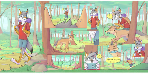 ambiguous_gender anthro backpack blue_bottomwear blue_clothing blue_eyes blue_shorts border bottomwear clothing dialogue duo exclamation_point feral forest male path plant question_mark red_clothing red_shirt red_topwear shirt shorts speech_bubble stealing topwear tree white_border fauvfox falloutcoyote canid canine canis coyote mammal 2018 absurd_res comic hi_res female_(lore)
