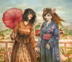 anthro asian_clothing black_hair bridge brown_hair clothing detailed_background duo east_asian_clothing eyes_closed female hair hand_holding japanese_clothing japanese_garden jewelry kimono long_hair necklace ribbons tail frenzykaygun apricot felid mammal