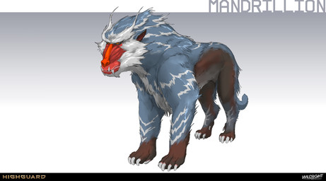 4_toes 5_toes ambiguous_feral ambiguous_gender blue_body blue_fur blue_tail brown_body brown_feet brown_fur claws company_name feet feral fur leg_markings light long_fangs long_tail markings mouth_closed multicolored_body multicolored_fur nude nude_ambiguous orange_eyes paws quadruped sharp_teeth solo standing tail teeth text three-quarter_view toe_claws toes white_body white_claws white_fur white_markings nicholas_patrick_kelana highguard_(game) felid feline haplorhine mammal mandrillion_(highguard) monkey old_world_monkey primate 2026 absurd_res colored concept_art digital_drawing_(artwork) digital_media_(artwork) english_description english_text hi_res lighting official_art shaded