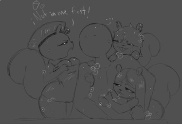 anthro bath bathing big_teeth breasts bubble clothing ear_piercing eyeliner faceless_character faceless_male female fur group hair half-closed_eyes hat headgear headwear hug long_hair makeup male male/female narrowed_eyes piercing size_difference smile text towel wet wet_body wet_fur wet_hair mamasoyanini human mammal rodent sciurid tree_squirrel monochrome