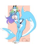 anthro big_breasts blue_body blue_skin breasts butt female hair himiko(shindekitty) horn long_hair looking_at_viewer multicolored_hair nipples non-mammal_breasts non-mammal_ears non-mammal_hair non-mammal_nipples pink_nipples pose rainbow_hair shark_tail smile solo katfishcom fish marine shark hi_res pinup