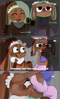 3_panel_comic anthro balls battery_life biped black_eyes blush bodily_fluids brown_body camera_view clothed clothing duo eyes_closed face_fucking fellatio female genitals grey_background hand_on_head heart_eyes heart_symbol irrumatio male male/female moan motion_lines nude open_mouth oral penile penis penis_in_mouth pink_clothing purple_clothing sex shy simple_background sweat teeth text tongue tongue_out tongue_showing wave slasher_(artist) blushcrunch_studio dandy's_world bassie_(dandy's_world) cocoa_(dandy's_world) lagomorph leporid mammal rabbit absurd_res comic english_text hi_res