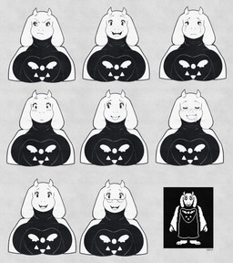annoyed anthro big_breasts black_clothing blush bodily_fluids breasts clothing crying drooling embarrassed emotion_chart eyewear female floppy_ears fur glasses mature_female saliva smile solo tears wearing_glasses white_body white_fur nupi undertale_(series) toriel boss_monster_(undertale) bovid caprine goat mammal hi_res sketch