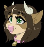 anthro bell bell_collar blush bodily_fluids brown_body brown_fur brown_hair collar cross-popping_vein ears_back eye_roll female food fur green_eyes hair horn mouth_closed narrowed_eyes open_mouth pink_collar pink_nose pivoted_ears popsicle popsicle_in_mouth red_sclera smile smirk solo tears white_horn milk-jug milky_(milk-jug) bovid bovine cattle mammal 2019 animated digital_media_(artwork) headshot_portrait low_res portrait short_playtime