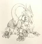 anthro anus butt claws female genitals looking_at_viewer looking_back paws presenting presenting_hindquarters pussy solo queblock kobold scalie 2018 monochrome sketch