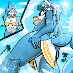 anthro beach breasts butt clothing curvy_figure female hand_on_butt hand_on_own_butt lens_flare light looking_at_viewer low-angle_view sunlight thick_thighs tuft two_panel_image water jackaltooth nintendo star_fox krystal_(star_fox) canid canine fox mammal 1:1 absurd_res hi_res