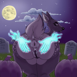 all_fours anthro anus areola big_anus big_butt black_eyes black_nose breasts brown_body brown_fur butt cemetery cloud disembodied_hand eyelashes female food fruit fur genitals looking_at_viewer looking_back looking_back_at_viewer moon night nipples nude open_mouth plant pumpkin rear_view sky solo spread_butt spreading tan_body tan_fur thick_thighs tombstone vulva wide_hips bratcatt deer mammal 1:1 hi_res