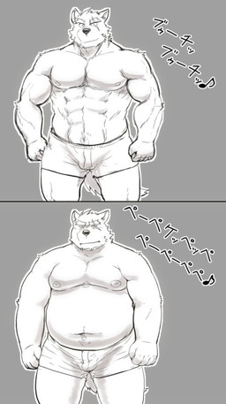 anthro barazoku belly bulge clothing humanoid_hands kemono male moobs muscular muscular_anthro muscular_male nipples overweight overweight_anthro overweight_male scar solo text underwear iwano canid canine mammal 2015 japanese_text