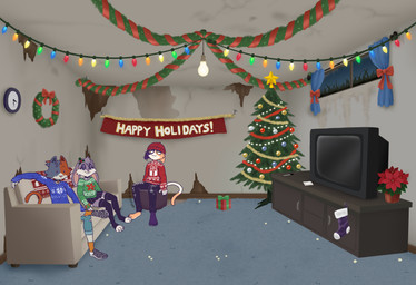 4_toes 5_fingers anthro banner barefoot beanie bottomwear box christmas_tree clothed clothed_anthro clothed_female clothing collar container ear_piercing electronics feet female festive fingers footwear furniture garland gift group hat headgear headwear holidays inside legwear lights living_room night piercing plant pupils shoes sitting skirt slim slim_anthro slim_female sneakers sofa stockings sweater television toeless_footwear toes topwear tree trio window wreath pinkreptile christmas epic_games fortnite cate_meowdy meow_skulls violet_bunny canid canine felid feline lagomorph leporid mammal rabbit rodent colored digital_media_(artwork) hi_res shaded sibling_(lore) sister_(lore) sisters_(lore)