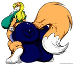 anthro balls_outline big_breasts big_bulge big_butt blonde_hair bottomwear breasts bulge butt chest_tuft clothing detailed_bulge fur genital_outline gynomorph hair huge_breasts huge_bulge hyper hyper_bulge intersex multicolored_body multicolored_fur pants shirt solo teal_eyes topwear tuft two_tone_body two_tone_fur deonwolf peach_(deonwolf) canid canid_taur canine canine_taur canis mammal mammal_taur taur 2009 digital_media_(artwork)