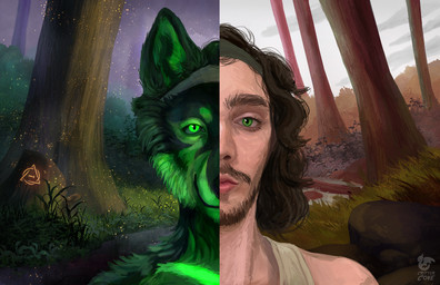 anthro black_facial_hair black_hair black_mustache black_nose cloud day facial_hair forest fur glowing glowing_body glowing_eyes glowing_fur grass green_eyes hair kerchief male multicolored_body multicolored_fur mustache night outside plant shrub solo tree water shestasaurus mythology canid canine human mammal mythological_canine mythological_creature werecanid werecanine werecreature werewolf digital_media_(artwork) hi_res