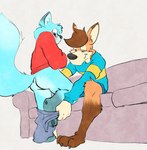 anthro blue_body blush clothed clothing countershading dipstick_ears duo ear_markings eyewear furniture glasses imminent_spanking leg_markings low-angle_view male male/male markings multicolored_ears socks_(marking) sofa undressing_another fufer arctic_fox canid canine fox mammal red_fox true_fox colored hi_res