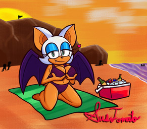 anthro beach bikini bikini_bottom bikini_top breast_grab breasts cleavage clothed clothing cooler fangs female hand_on_breast heart_symbol looking_at_viewer navel outside sand solo swimwear teeth towel two-piece_swimsuit water wings sussytomato sega sonic_the_hedgehog_(series) rouge_the_bat bat mammal hi_res