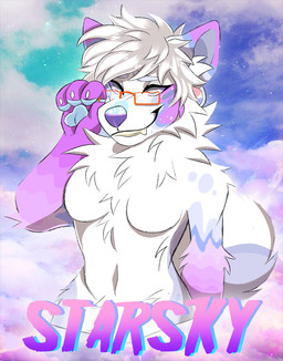 anthro arm_tuft blue_body blue_ears blue_eyebrows blue_fur blue_pawpads breasts cheek_tuft chest_tuft claws cloud elbow_tuft eyebrows eyewear facial_tuft fangs featureless_breasts female finger_claws front_view fur glasses glistening glistening_eyes gloves_(marking) grey_body grey_fur grey_inner_ear grey_tail hair half-closed_eyes inner_ear_fluff markings messy_hair narrowed_eyes navel neck_tuft nude pawpads pink_body pink_ears pink_fur purple_nose rectangular_glasses short_hair shoulder_tuft sky smile solo tail teeth tuft white_body white_ears white_fur white_hair white_inner_ear_fluff white_tail princelykaden canid canine canis domestic_dog mammal half-length_portrait portrait