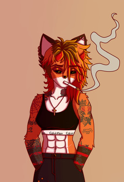 abs accessory anthro arm_tattoo black_eyes cigarette clothing digitigrade ear_piercing ear_ring female fluffy fur hair horn legwear piercing religion religious_symbol ring_piercing simple_background smoke smoking smoking_cigarette solo tattoo thigh_highs topwear kitsoonie christianity kitsoonie_(character) canid canine canis cervine deer fox hybrid mammal digital_drawing_(artwork) digital_media_(artwork) hi_res trans_(lore)