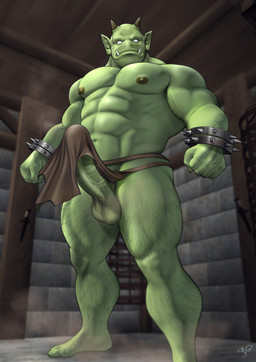 abs armband armpit_hair balls barazoku big_penis body_hair bottomwear bracelet chest_hair clothed clothing empty_eyes erection fist genitals green_body green_skin horn ineffective_clothing ineffective_loincloth jewelry leg_hair loincloth looking_at_viewer low-angle_view male muscular muscular_humanoid muscular_male nipples noseless not_furry pecs penis solo spiked_armband spiked_bracelet spikes standing topless topless_humanoid topless_male tusks kuma_gororo humanoid orc 2022 absurd_res hi_res