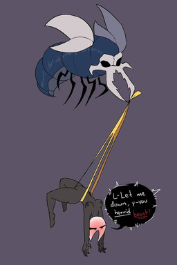 ambiguous_gender black_body blush blushing_profusely breasts clothed clothing clothing_pull defeat defeated dialogue duo female feral flying grey_background hanging_wedgie holding_clothing holding_object holding_panties holding_underwear humiliation insect_wings lifted mandibles medium_breasts mouthless nipples panties panties_only panty_pull simple_background simple_eyes speech_bubble submissive submissive_female submissive_humanoid suspension talking_to_another text thick_thighs topless underwear underwear_only underwear_pull wedgie wedgie_fetish wings yellow_clothing yellow_panties yellow_underwear picknpull hollow_knight_(franchise) team_cherry hornet_(hollow_knight) arthropod humanoid insect vengefly_king_(hollow_knight) 2026 digital_drawing_(artwork) digital_media_(artwork) english_text
