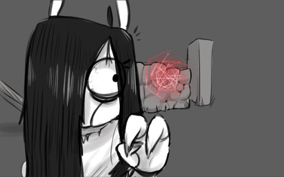 anthro bloodshot_eyes clothing constricted_pupils dress hair hoof_hands locker long_hair pallet pupils rock_wall small_pupils solo hitsuji sadako_yamamura shio_(hitsuji) alpaca camelid mammal monochrome