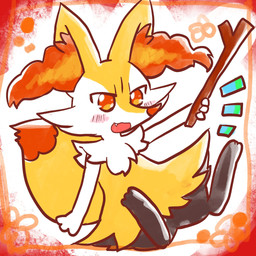 3_fingers 3_toes ambiguous_anthro ambiguous_gender anthro arm_tuft biped black_body black_fur blush blush_lines border cheek_tuft chest_tuft cute_fangs digitigrade dipstick_tail emanata facial_tuft fangs feet fingers front_view fur hip_tuft holding_object holding_stick inner_ear_fluff markings multicolored_body multicolored_fur no_pupils nude_ambiguous nude_anthro open_:3 open_mouth open_smile orange_body orange_border orange_eyes orange_fur orange_inner_ear_fluff orange_nose orange_tail_tip pointy_ears prick_ears shoulder_tuft simple_background sitting smile solo stick tail tail_markings tapering_snout teeth toes tuft two_tone_tail white_background white_body white_fur yellow_body yellow_fur yellow_tail annyui0611 nintendo pokemon braixen canid generation_6_pokemon mammal pokemon_(species) 1:1 2021 cel_shading colored digital_drawing_(artwork) digital_media_(artwork) full-length_portrait hi_res japanese_description portrait shaded translated_description
