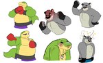 anthro belly biped bottomwear boxing_gloves boxing_shorts clothing green_body grey_body handwear humanoid_hands male musclegut muscular scar shorts simple_background white_background art7drag brok_the_investigator cowcat_games brok_(brok_the_investigator) graff_filsh alligator alligatorid crocodilian domestic_cat felid feline felis mammal reptile scalie 2023 absurd_res hi_res