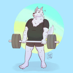 anthro bodily_fluids deadlift exercise fur male slightly_chubby solo sweat sweatdrop weightlifting white_body white_fur workout gabriel_(anyero) canid canine canis domestic_dog husky mammal nordic_sled_dog spitz 1:1 hi_res