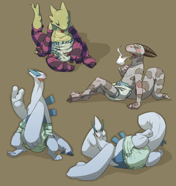 4_fingers anthro biped blush bodily_fluids breath clothed clothing diaper diaper_only eyes_closed fingers forked_tongue genital_fluids horn male open_mouth open_smile panting simple_background smile solo spiked_tail spikes spikes_(anatomy) tail tongue tongue_out topless unclean_diaper urine used_diaper wearing_diaper wet_diaper crackajackin nintendo pokemon flookz_(character) generation_2_pokemon legendary_pokemon lizard lugia pokemon_(species) reptile scalie 2014 digital_media_(artwork) hi_res multiple_images