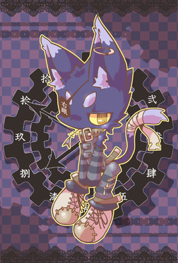 abstract_background ambiguous_anthro ambiguous_gender anthro bone_in_mouth checkered checkered_background cheek_tuft chibi clock clothed clothing collar dipstick_ears dipstick_tail ear_markings eye_patch eyewear facial_tuft fishbone footwear front_view fully_clothed gear inner_ear_fluff looking_at_viewer markings multicolored_ears outline paper_clip paper_clip_piercing pattern_background pattern_clothing raised_tail shoes simple_background solo standing striped_clothing stripes tail tail_markings tail_wraps tuft white_clothing white_footwear white_shoes wraps yellow_eyes yellow_outline zipper mukomizu_kintora domestic_cat felid feline felis mammal 2015 full-length_portrait hi_res portrait
