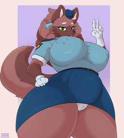 anthro belly big_belly big_breasts bodily_fluids bottomwear breasts brown_body brown_fur butt camel_toe clothed clothing female fur genitals hair huge_breasts looking_at_viewer low-angle_view multicolored_body navel nipple_outline nipples overweight overweight_anthro overweight_female panties simple_background skirt smile solo tail thick_thighs tight_clothing two_tone_body underwear uniform veksim keisatsu_dog_(sususuigi) canid canine canis domestic_dog mammal 2026 digital_media_(artwork) hi_res