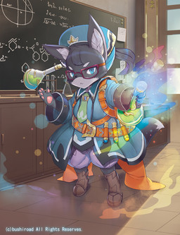 5_fingers ambiguous_gender anthro backpack biped black_nose blue_eyes chalkboard clothed clothing detailed_background eyewear fingers footwear glasses inside pawpads pink_pawpads shoes solo standing takeo_saitou bushiroad cardfight!!_vanguard prober_of_black_jet_cecile canid canine fox mammal official_art