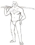 anthro asian_clothing bulge clothed clothing east_asian_clothing footwear fundoshi holding_melee_weapon holding_object holding_sword holding_weapon japanese_clothing japanese_sword male melee_weapon navel sandals shoes simple_background smile solo sword teeth_showing topless underwear weapon white_background thegreatmatsutzu the_boy_and_the_beast kumatetsu bear mammal black_and_white monochrome sketch