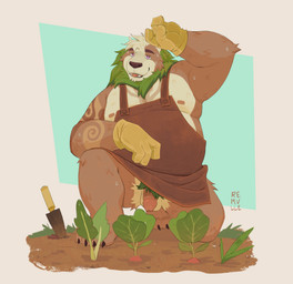 anthro apron apron_only balls bodily_fluids brown_body brown_fur casual_exposure clothed clothing countershade_balls countershade_crotch countershade_genitalia countershade_torso countershading flaccid fur garden genitals green_body green_fur green_hair hair humanoid_genitalia humanoid_penis kneeling looking_at_viewer male male_anthro mane nipples on_one_knee open_mouth overweight overweight_anthro overweight_male partially_clothed partially_clothed_anthro partially_clothed_male penis pink_eyes plant pubes solo sweat tan_body tan_fur tan_penis teeth tongue tongue_out remulle_(artist) felid lion mammal pantherine absurd_res hi_res