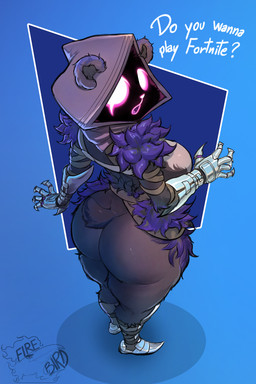 5_fingers anthro big_breasts big_butt blue_background breasts butt clothed clothed_anthro clothed_female clothing female female_anthro fingers fur geometric_background high-angle_view hood huge_butt looking_at_viewer looking_back looking_back_at_viewer open_mouth purple_body purple_ears purple_fur scar shadow_face short_tail simple_background solo standing tail text thick_thighs white_text firebirddraws epic_games fortnite raven_team_leader bear mammal 2026 absurd_res colored_sketch digital_media_(artwork) english_description english_text full-length_portrait hi_res portrait sketch watermark
