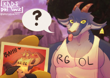 anthro armpit_hair blackmail blue_body blue_fur body_hair claws clothing cloud confusion duo ear_piercing ear_tag female finger_claws fingers flexing flexing_bicep fur grass green_body green_scales grey_body grey_fur heart_symbol holding_object holding_photo hooved_fingers hooves horizontal_pupils horn looking_at_viewer male mountain muscular muscular_anthro muscular_female oblivious open_mouth outside oversized_clothing pecs photo piercing plant pubes pupils question_mark scales screencap screencap_background shirt sky tank_top teeth text text_on_clothing text_on_shirt text_on_topwear tongue tongue_out topwear tree twitter_handle yellow_eyes kadedrawz coffee_stain_studios epic_games fortnite goat_simulator mythology hybrid_(fortnite) pilgor_(goat_simulator) bovid caprine dragon goat mammal mythological_creature mythological_scalie scalie 2026 artist_name hi_res signature